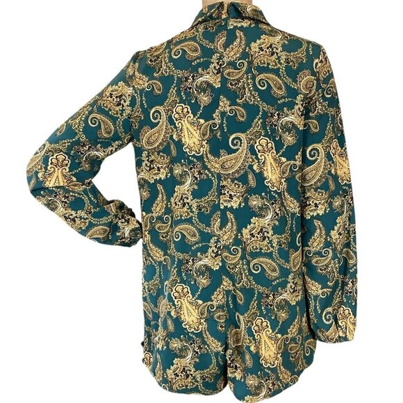 NWT Fab'rik Green Gold Paisley Zip Back V-Neck Long Sleeve Romper Sz S #311F - Picture 6 of 9